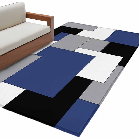 Navy Blue Grey Black Geometric Area Rug Washable 3x5 Entryway Rug Indoor Low Pile Middle Century Art Abstract Aesthetics Floor Carpet Small Rugs for Bedroom Office Living Room Kitchen Nursery