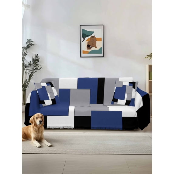 Navy Blue Grey Black Geometric Couch Cover for 2 Cushion Couch, Middle Century Abstract Aesthetics Washable Love Seat Sofa Covers Slipcover, Throw Sofa Covers for Pets, Furniture Protector 71"x102"