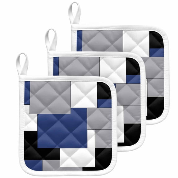 Navy Blue Grey Black Geometric Pot Holders for Kitchen Heatproof Potholder, 3 Pack Middle Century Art Abstract Aesthetics Hot Pads Multipurpose Oven Pads Cloth Potholders Trivet for Cooking Baking