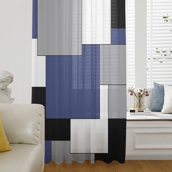 Navy Blue Grey Black Geometric Semi Sheer Curtains Drapes for Living Room,Bedroom,French Doors Window 54 Inches Long,Middle Century Art Abstract Aesthetics Rod Pocket Chiffon Curtain Drapery Panel