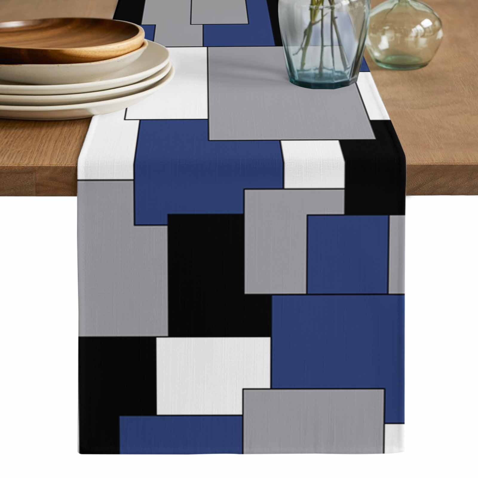 Navy Blue Grey Black Geometric Table Runner, Middle Century Art ...