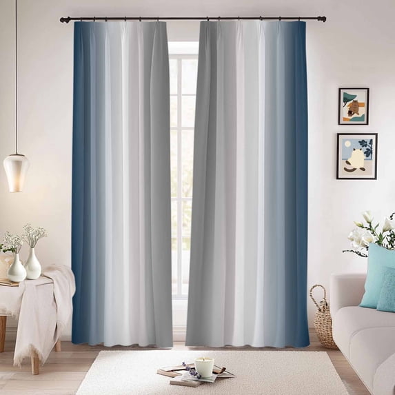 Navy Blue Grey Blackout Curtains for Bedroom/Living Room, Pinch Pleated Black Out Curtains, Gray Farmhouse Modern Rustic Room Darkening Window Drapes with Hooks 2 Panels, 39"x70"