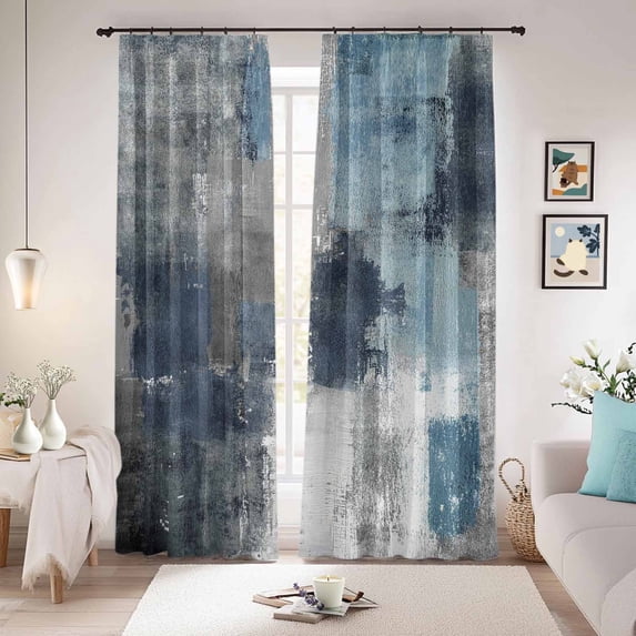 Navy Blue Grey Blackout Curtains for Bedroom/Living Room, Pinch Pleated Black Out Curtains, Modern Oil Painted Abstract Art Aesthetics Room Darkening Window Drapes with Hooks 2 Panels, 59"x70"