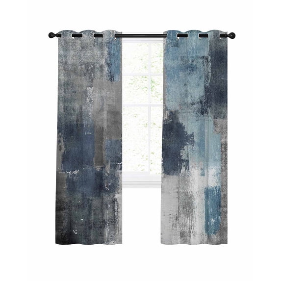 Navy Blue Grey Blackout Curtains, Light Blocking Print Window Curtains, Modern Oil Painted Abstract Art Aesthetics Thermal Insulated Window Drapes for Living Room 2 Panels, 55"W x 39"L