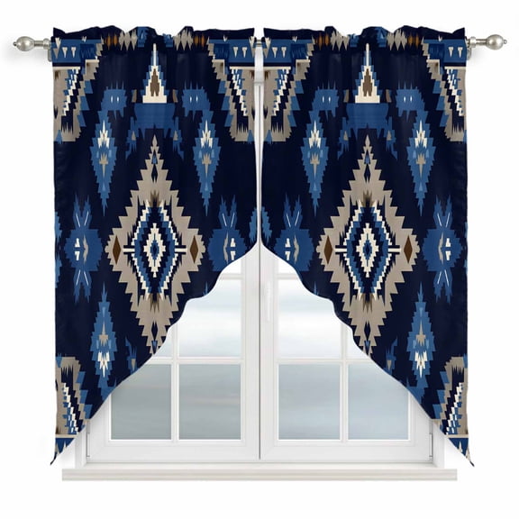 Navy Blue Grey Boho Kitchen Window Curtains, Swag Curtains Valance for Bedroom Living Room Bathroom, Ethnic Retro Geometric Southwestern Rod Pocket Window Curtain Block Drapes 2 Panels 36"x45"