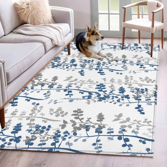 Navy Blue Grey Botanical Area Rugs 4'x6', Washable Small Throw Rugs for Office Bathroom, Spring Floral Summer Farmhouse Indoor Outdoor Rug Non-Slip Low Pile Carpet Runner Reversible Floor Mats