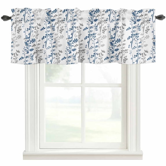Navy Blue Grey Botanical Farmhouse Short Window Curtain Valances, Spring Floral Summer Farmhouse Rod Pocket Kitchen Valances for Living Room Bedroom Bathroom Cafe 42" x 18"