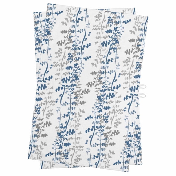 Navy Blue Grey Botanical Kitchen Towels Set of 2, Water Absorbent Dish Towel, Spring Floral Summer Farmhouse Decorative Hand Towels - Quick Drying Cloth for Cooking Baking, 18x28 Inch