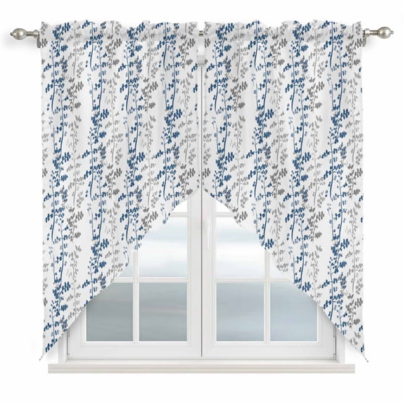 Navy Blue Grey Botanical Swag Valances for Windows, Kitchen Curtains 36 Inch Length 2 Panels Set, Spring Floral Summer Farmhouse Short Curtains for Small Windows Rod Pocket Cafe Curtains 28"x36"