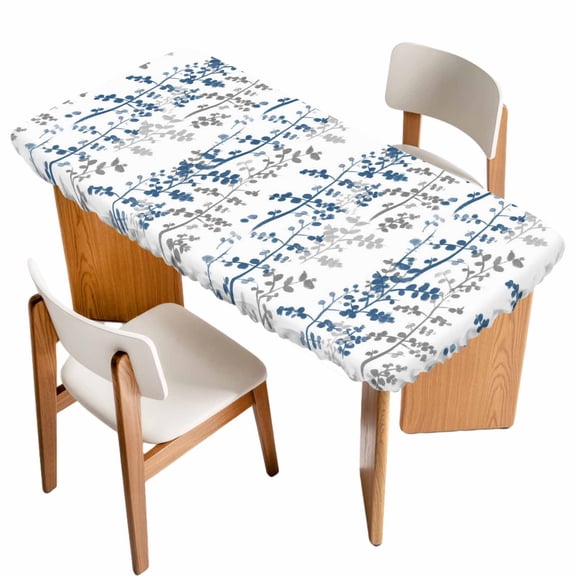 Navy Blue Grey Botanical Table Cloths for 3 Foot Rectangle Tables, Spring Floral Summer Farmhouse Patio Waterproof Elastic Fitted Tablecloths, Washable Rectangular Table Cover for Camping