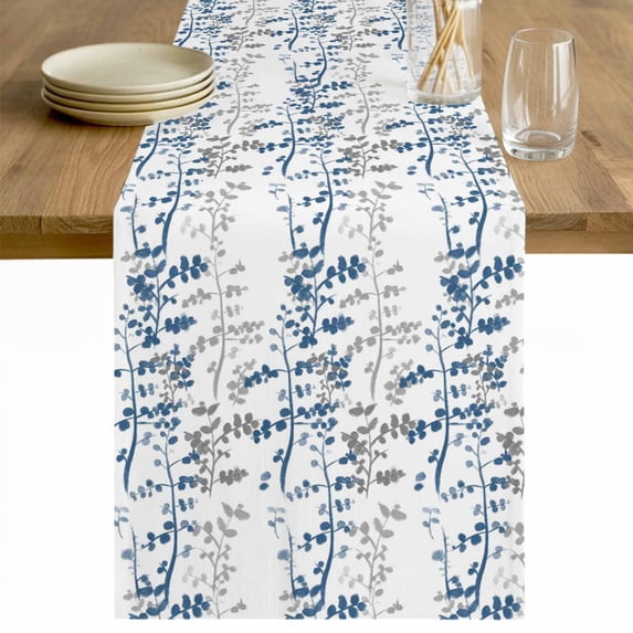 Navy Blue Grey Botanical Table Runner - 60 Inch Long Spring Floral Summer Farmhouse Cotton and Linen Blended Dress Scarves Farmhouse Table Runner for Kitchen Dining, Coffee Table, 13" x 60"