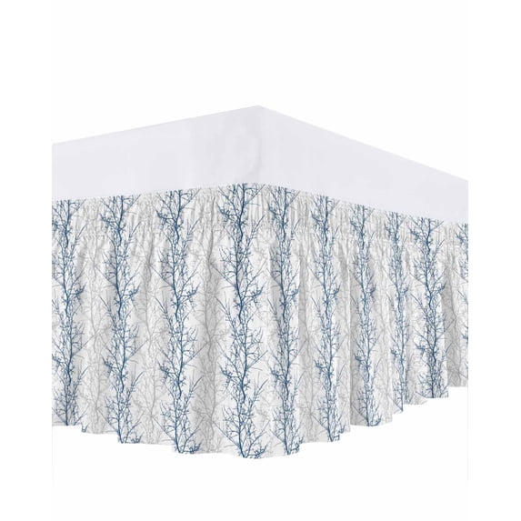 Navy Blue Grey Branch Bed Skirt Cal King Size, Spring Summer Pastoral Botanical Wrap Around Bed Skirting with Adjustable Elastic Strap, Dust Ruffled Pleated Bedskirts 16 Inch Drop for Bedroom Beds