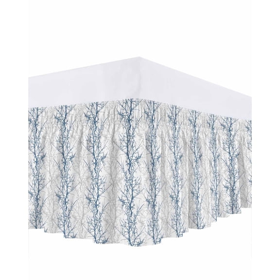 Navy Blue Grey Branch Bed Skirt Queen Size, Spring Summer Pastoral Botanical Wrap Around Bed Skirting with Adjustable Elastic Strap, Dust Ruffle Pleated Bedskirts 16 Inch Drop for Bedroom Queen Beds