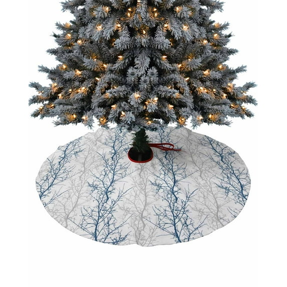 Navy Blue Grey Branch Christmas Tree Skirt 36 Inches Large Christmas Skirt Tree, Spring Summer Pastoral Botanical Tree Skirt Christmas Decorations for Fireplace Party Holidays Indoor Outdoor