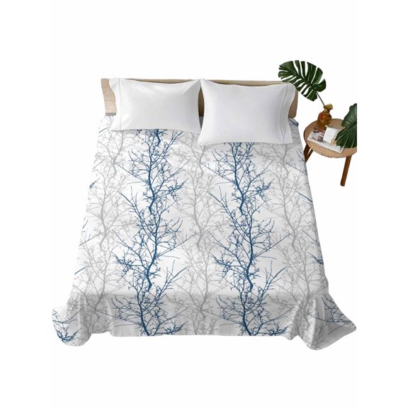 Navy Blue Grey Branch Flat Sheet Only Twin Size, Soft Breathable Bed Top Sheets for Mattress, Spring Summer Pastoral Botanical Luxury Bedding Flat Sheets for Home Hotel Bedroom Bed Protection