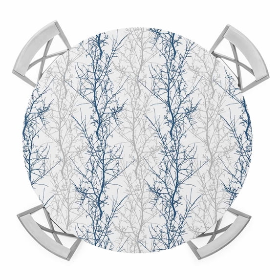Navy Blue Grey Branch Round Tablecloth for 36-44 Inch Tables,Fitted Table Cover with Elastic Edge,Spring Summer Pastoral Botanical Waterproof Outdoor Table Cloth Protector for Patio Garden Dinner
