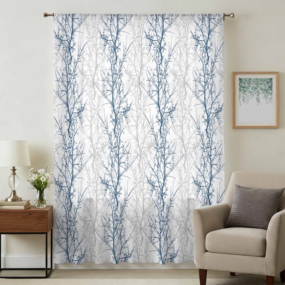 Navy Blue Grey Branch Sheer Curtains 84 Inches Long, Spring Summer Pastoral Botanical Light Filering Curtains, Breathable Simi Curtain Privacy Drapes for Living Room Bedroom Window Treatment