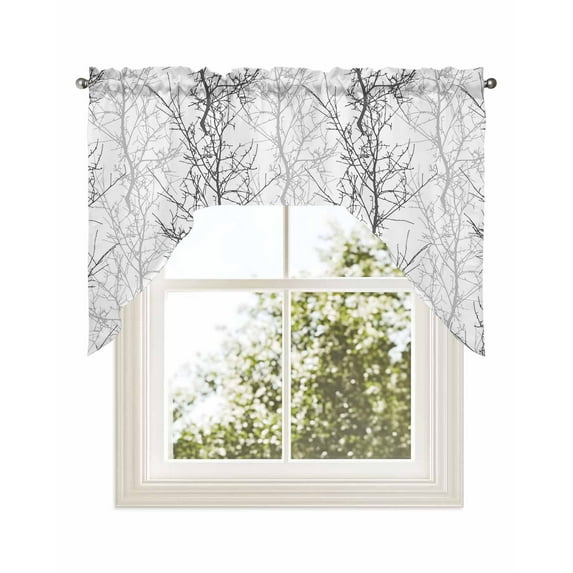 Navy Blue Grey Branch Swag Valance for Windows 56'' x 36'', Spring Summer Pastoral Botanical Light Filtering Kitchen Curtains Valances for Bathroom/Living Room/Bedroom/Café, Rod Pocket Curtain Panel