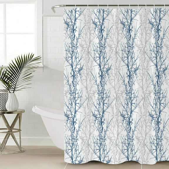 Navy Blue Grey Branch Waterproof Fabric Shower Curtain, Spring Summer Pastoral Botanical Shower Curtain for Bathroom Curtains Bathtubs Hotel Washable Shower Curtains with 12 Hooks Standard 72x72