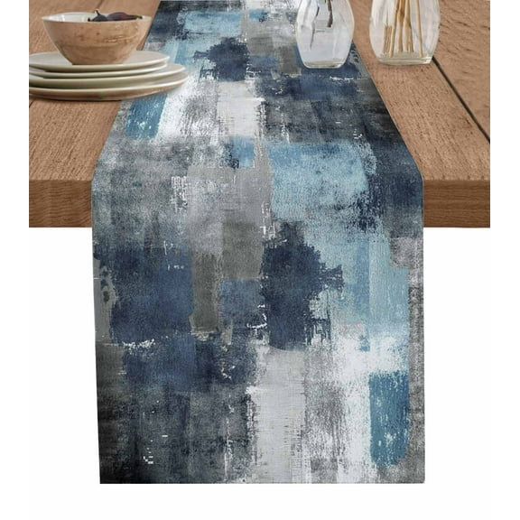 Navy Blue Grey Burlap Cotton Table Runner 13x90 Inches Long, Modern Oil Painted Abstract Art Aesthetics Farmhouse Table Runners, Outdoor Dining Tablecloths Decor for Baby Shower/Party/Wedding