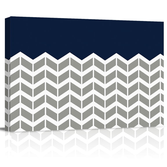 Navy Blue Grey Canvas Print Wall Art Herringbone Abstract Pictures Painting Morden Artwork for Living Room Bedroom, Ready to Hang - 12"x16"