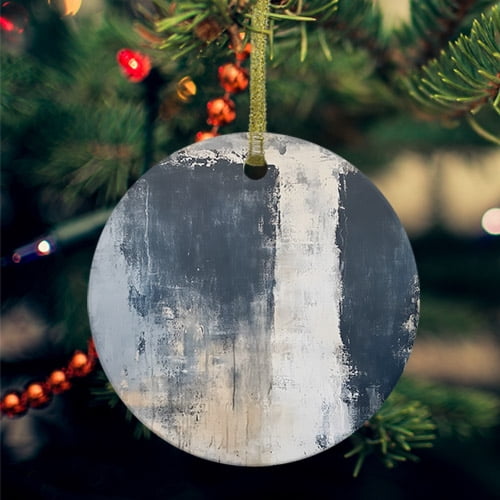 Navy Blue Grey Ceramic Ornaments, Modern Abstract Art Rustic Round Porcelain Hanging Ornaments with Gold String, Xmas Decorations Keepsake Gifts for Holiday Home Party 3''
