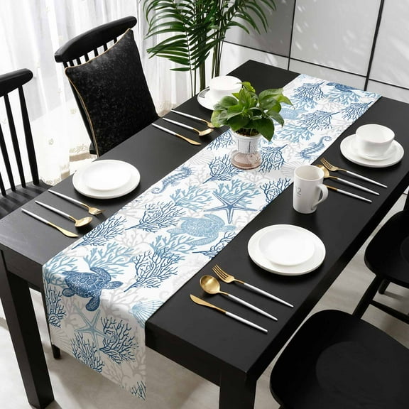 Navy Blue Grey Coastal Cotton Linen Small Table Runner 13 x 60 inch Sea Turtle Nautical Coral Summer Beach Non-slip Rectangular Dining Table Decor for Wedding Party Holiday Dinner