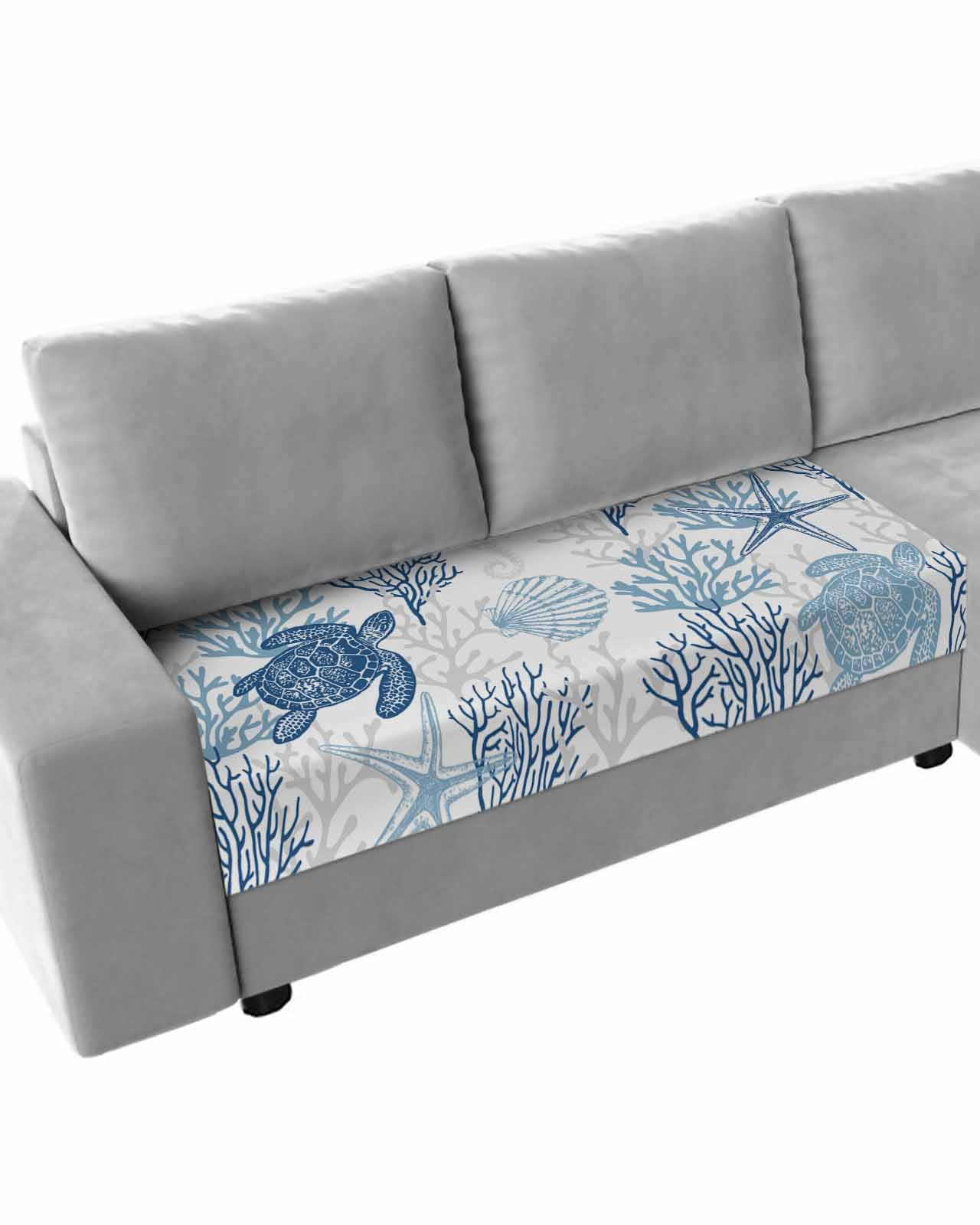 Navy Blue Grey Coastal Couch Cushion Covers Stretch, Washable Sofa Seat Covers Individual Seat Cushion Sofa Slipcovers Sea Turtle Nautical Coral Summer Beach Couch Cover Furniture Protector M-1PCS