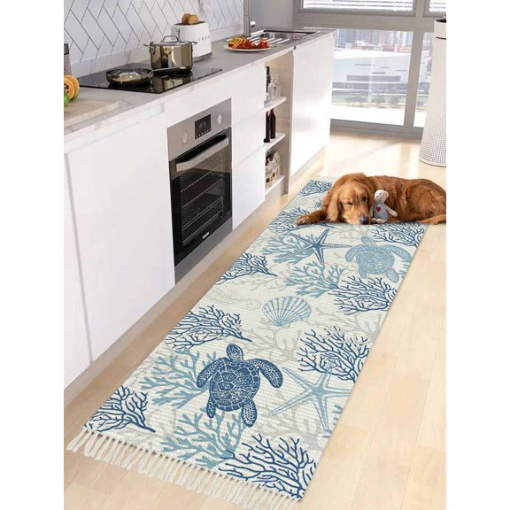 Navy Blue Grey Coastal Entryway Runner Rug 2x4ft,Sea Turtle Nautical Coral Summer Beach Washable Woven Living Room Hallway Bedroom Kitchen Carpet with Tassels,Indoor Outdoor Door Mat for Entryway