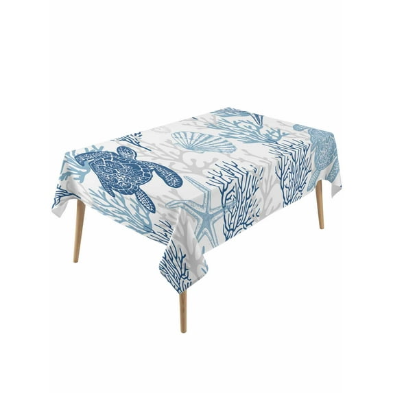 Navy Blue Grey Coastal Table Cloth, Sea Turtle Nautical Coral Summer Beach Waterproof Tablecloth for Rectangle Tables, Washable Fabric Table Cover for Restaurant Kitchen Dining Tables 60"x120"
