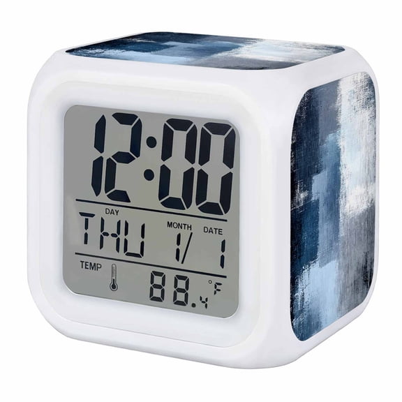 Navy Blue Grey Digital Alarm Clock for Bedrooms, Smart LED Alarm Clock with 7 Color Changing Night Light, Modern Ombre Oil Painted Abstract Art Silent Wake Up Clocks for Sleep Study Cooking 3.2"x3.2"