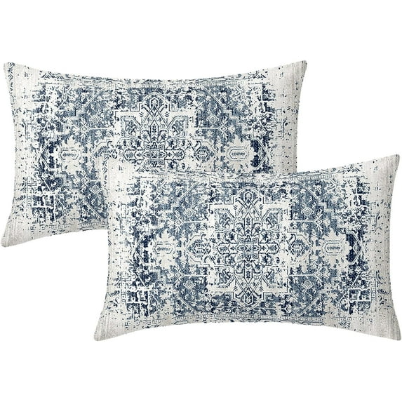 Navy Blue Grey Ethnic Boho Lumbar Pillow Covers 12x20 Inch Bohemian Carpet VintageBohemian Carpet Vintage Black Coral Floral Farmhouse Accent Home Decor for Bedroom Couch Sofa Porch Set of 2