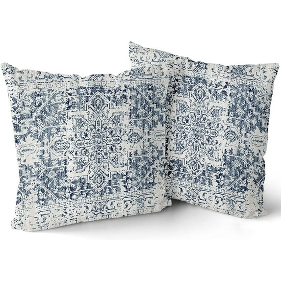 Navy Blue Grey Ethnic Boho Throw Pillow Covers 16x16 Inch Bohemian Carpet VintageBohemian Carpet Vintage Gray Square Pillow Cases Farmhouse Accent Home Decor For Bedroom Couch Sofa Porch Set Of 2
