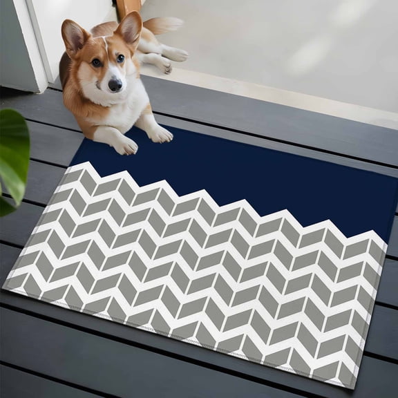 Navy Blue Grey Front Door Rugs 2x3 ft Herringbone Abstract Small Rug for Entryway Non Slip Washable Bathroom Door Mat Absorbent Floor Mat for Indoor Entrance