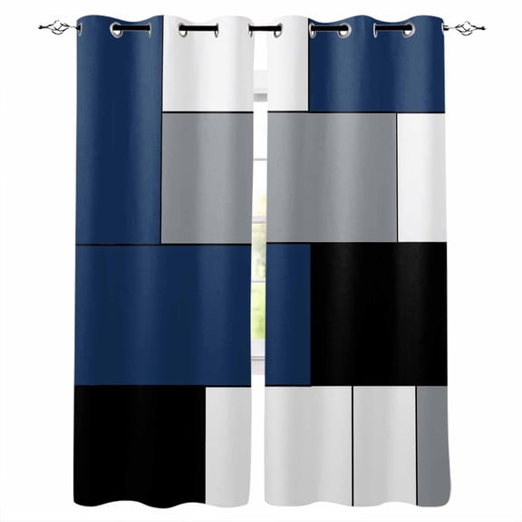 Navy Blue Grey Geometric Blackout Curtains for Bedroom, Modern Black White Abstract Art Room Darkening Window Drapes for Living Room, Thermal Insulated Grommet Curtains, 52x90 inch, 2 Panels