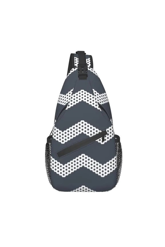 Navy Blue Grey Hycomb Chevron Zigzag Sling Chest Bag Modern Geometric Shoulder Crossbody Backpack for Cycling Camping Daypack