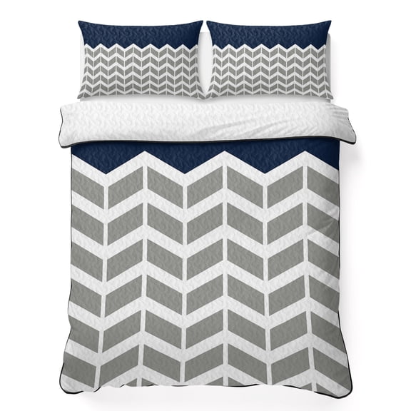 Navy Blue Grey King Quilt Bedding Set, Herringbone Lightweight Comforter with 2 Pillow Shams Bedroom Bedspread Set Home Decor for All Seasons
