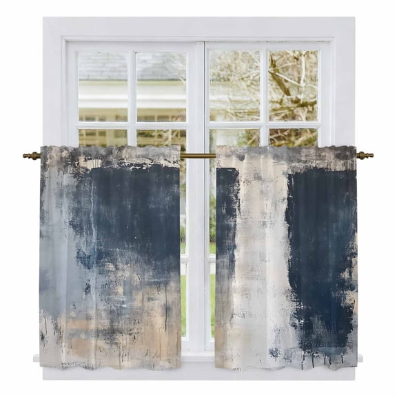 Navy Blue Grey Kitchen Curtains, Modern Abstract Art Rustic Light Filtering Window Curtain Panels, 2Pcs Rod Pocket Window Treatments Set for Cabin Bathroom Bedroom 52x45 Inches