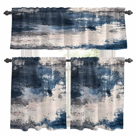 Navy Blue Grey Kitchen Curtains Sets for Windows 24 Inch Length, Modern Abstract Art Farmhouse Rod Pocket Window Treatments Tier Curtains and Valances Set for Bedroom/Bathroom