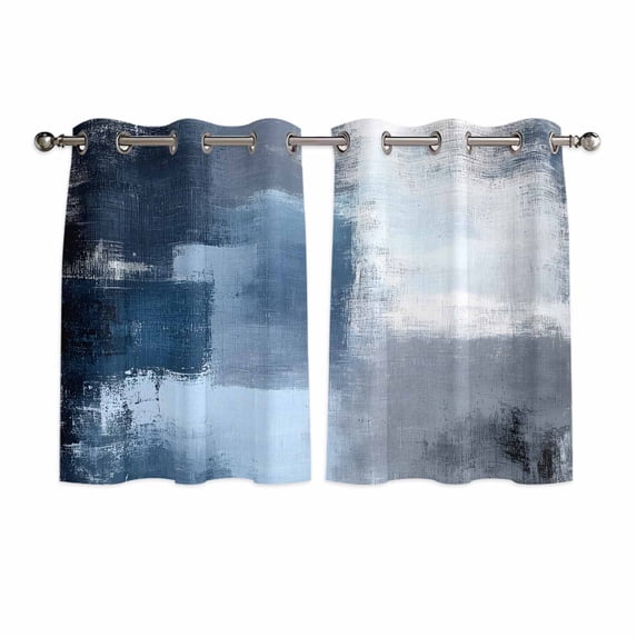 Navy Blue Grey Kitchen Curtains Short 45 Inch Length, Modern Ombre Oil Painted Abstract Art Grommet Top Bedroom Living Room Curtains, Light Filtering Cafe Curtain Drapes 2 Panels Set 84''x45''