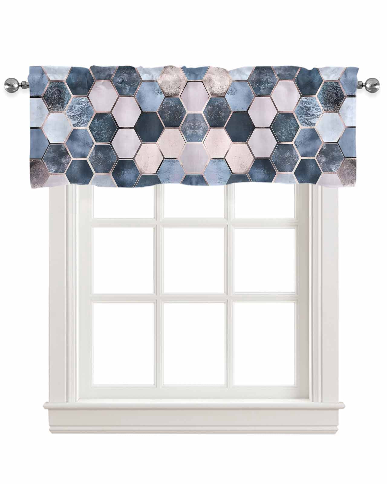 Navy Blue Grey Kitchen Valances for Windows Farmhouse Linen Window Valance Curtain for Living Room Window Treatment Modern Abstract Art Geometric Valance Rod Pocket Topper Drape, 54 x 18 Inch