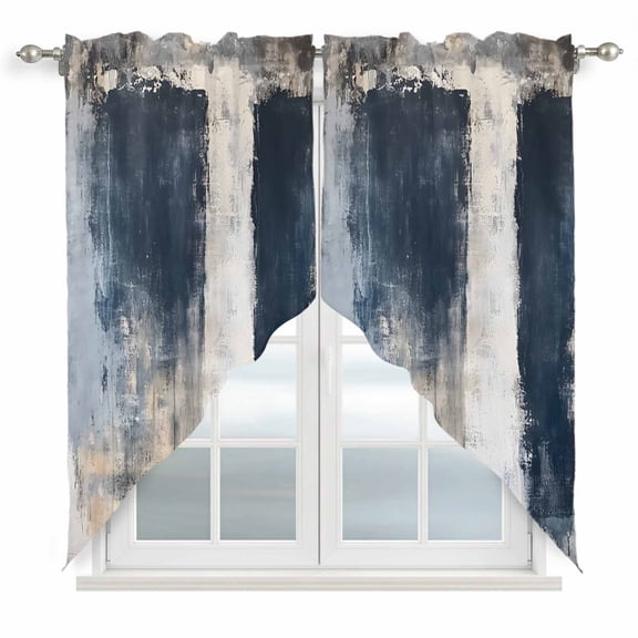 Navy Blue Grey Kitchen Window Curtains, Swag Curtains Valance for Bedroom Living Room Bathroom, Modern Abstract Art Rustic Rod Pocket Window Treatment Curtain Block Drapes 2 Panels 36"x63"