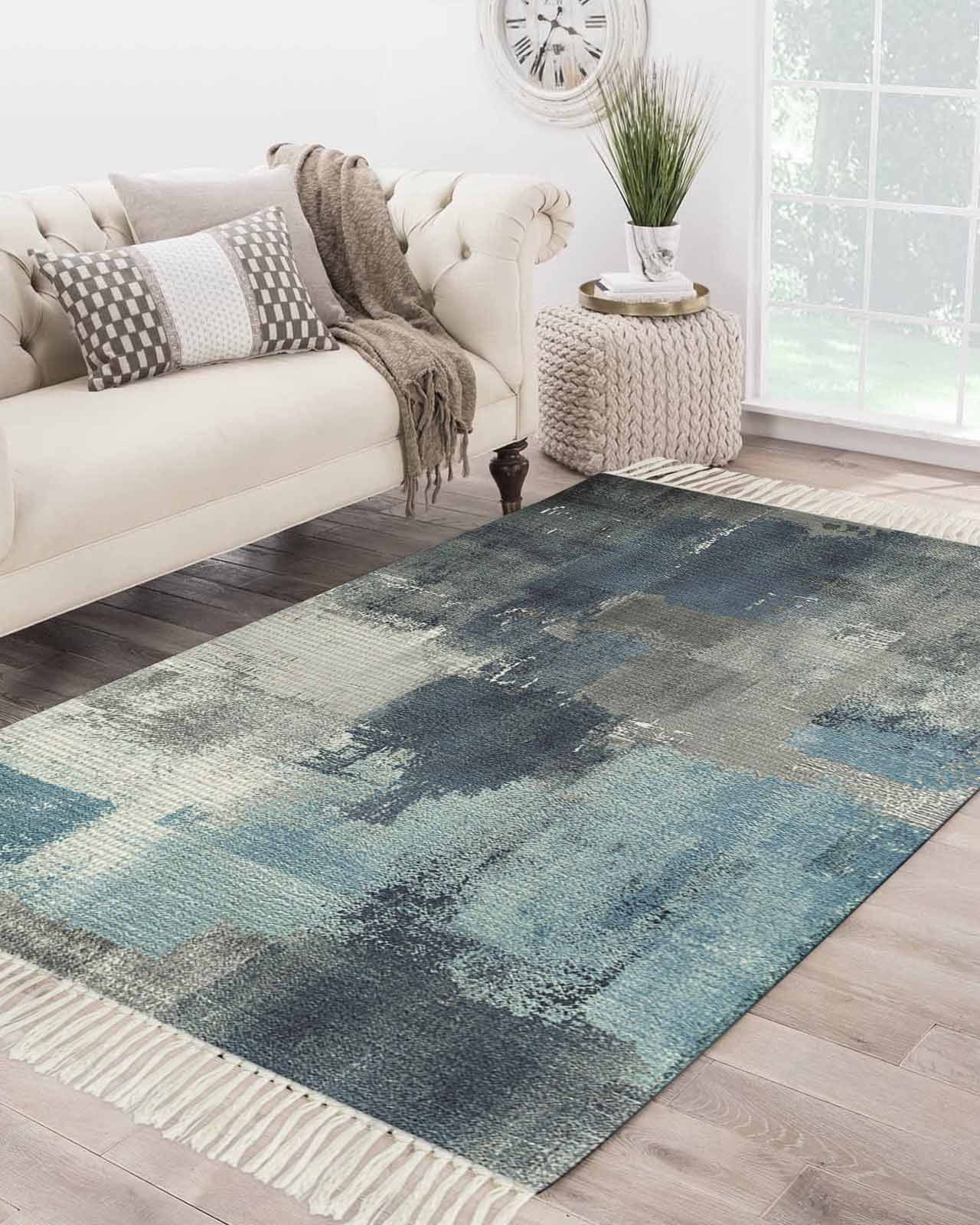 Navy Blue Grey Large Area Rug 4x6ft Woven Runner Rug,Modern Oil Painted ...
