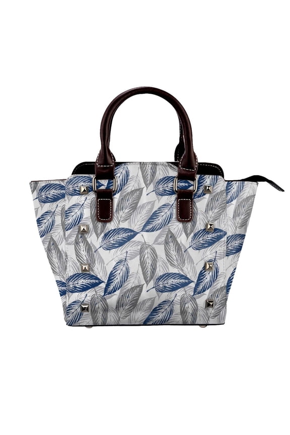 Navy Blue Grey Leaf Rivet Fashion One-Shoulder Women's Handbag Tote Bag