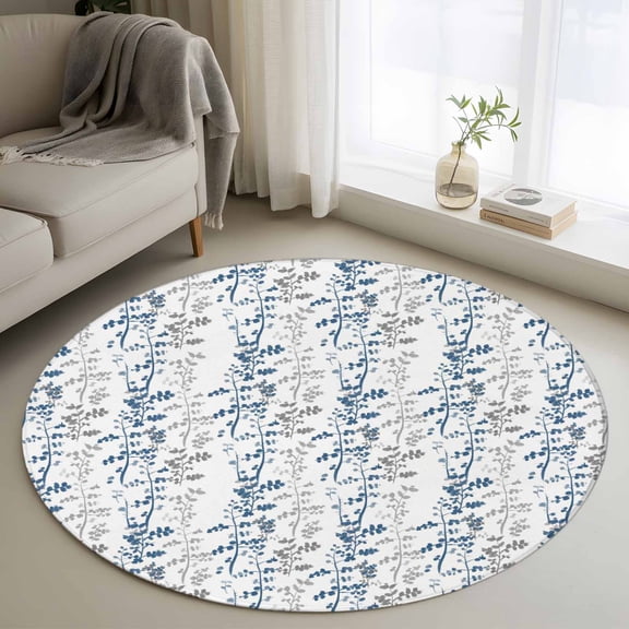 Navy Blue and Grey Leaf Round Living Room Rugs 4 ft, Abstract Farm Plants Floral Branches Washable Area Rug with Non-Slip Sturdy Edge Binding Round Carpet for Entryway Kitchen Bedroom Bathroom