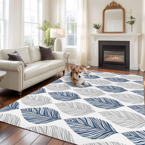 Navy Blue Grey Leaves Area Rug 5x7 FT, Non Slip Bedroom Throw Carpet, Summer Tropical Plant Aesthetics Washable Soft Floor Carpet Non-Shedding Rug for Dining Room Bedside Classroom Desk
