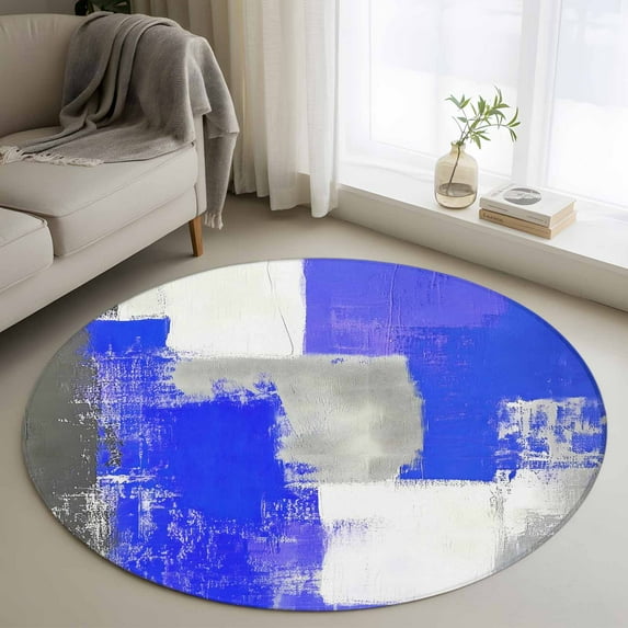 Navy Blue Grey Oil Painting 4ft Round Rug, Abstract Modern Geometric Non-Skid Rubber Backing Large Area Rugs - Living Room Bedroom Home Office, Indoor Floor Mat Carpets Washable Rug