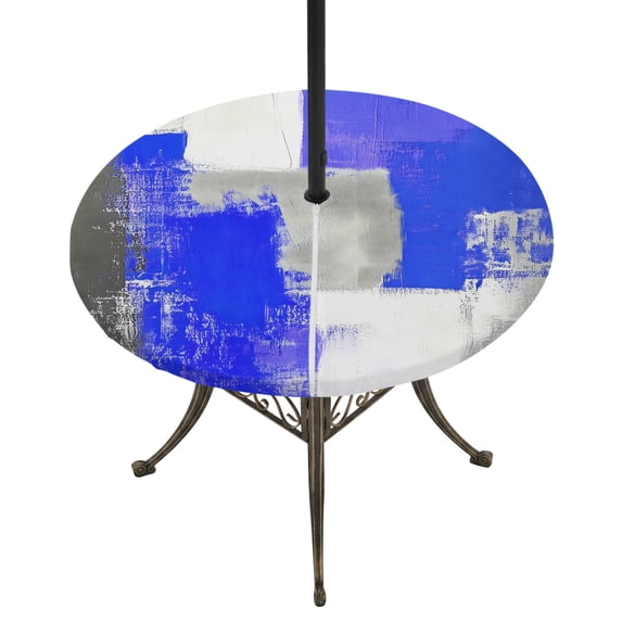 Navy Blue Grey Oil Painting Round Outdoor Tablecloth with Umbrella Hole Zipper, Abstract Modern Geometric Elastic Fitted Table Cover, Waterproof Table Cloth for Patio Picnic Party Fits 31"-35"