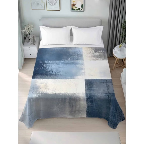 Navy Blue Grey Ombre California King Size Flat Sheet, Wrinkleproof & Fadeproof Cooling Flat Bed Sheet Only, Modern Oil Painting Abstract Breathable Soft Bedding Top Sheets 108 x 98 Inches