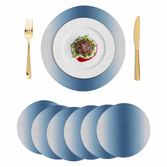 Navy Blue Grey Ombre Round 13 Inch Placemats Set of 6, Farmhouse Gradient Minimalist HeatResistant Non Slip Place Mats for Dining Table, Wipeable Braided Kitchen Table Mats for Housewarming